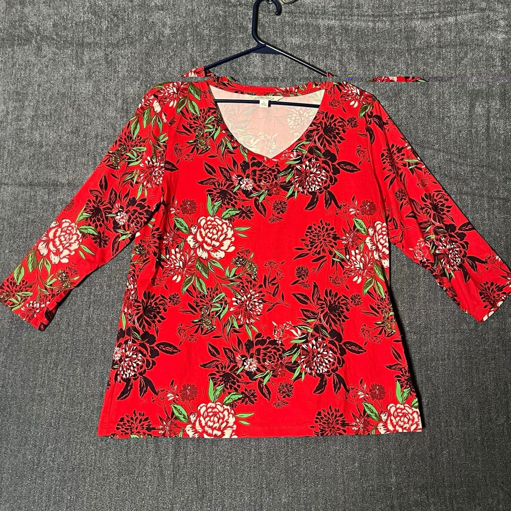 Pioneer Woman Women's S Red Floral V-Neck 3/4 Sleeve Stretch Jersey Blouse